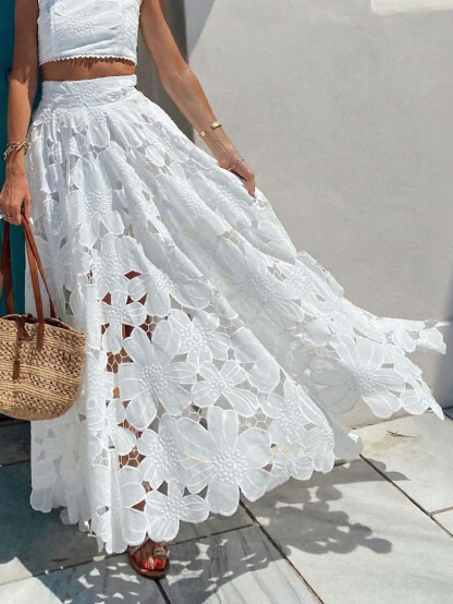 Elegant Openwork Floral Lace Short Vest Two-piece Set