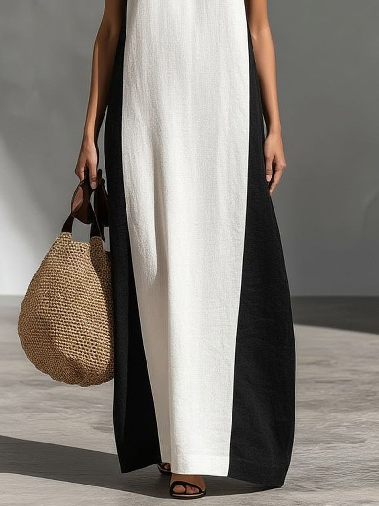 Elegant Color-Block Halter Maxi Dress