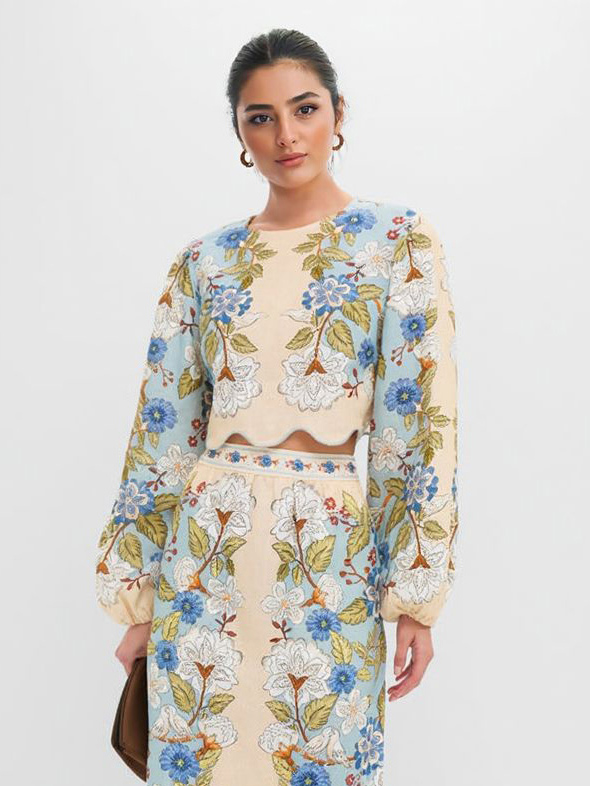 Retro Floral Embroidered Crop Top & Midi Skirt Two-Piece Set