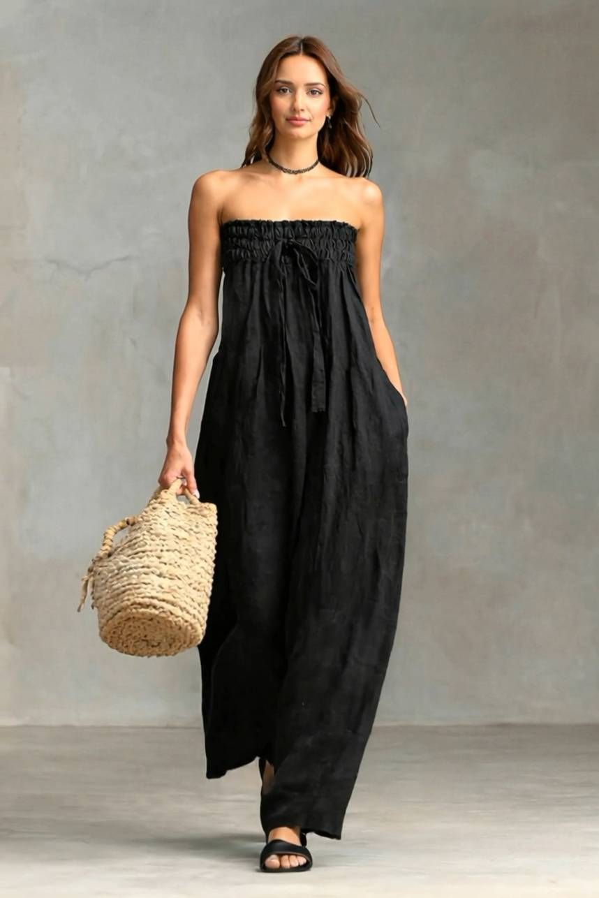 Pleated  Design Strapless Jumpsuit 