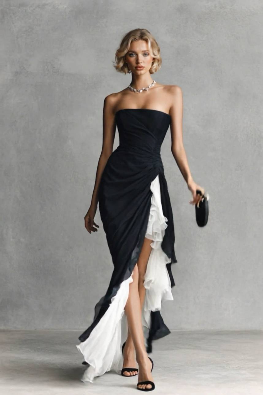 Strapless Slit Ruffled Maxi Dress