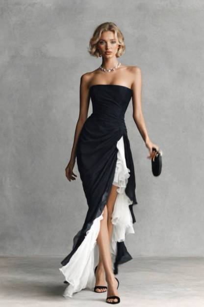Strapless Slit Ruffled Maxi Dress