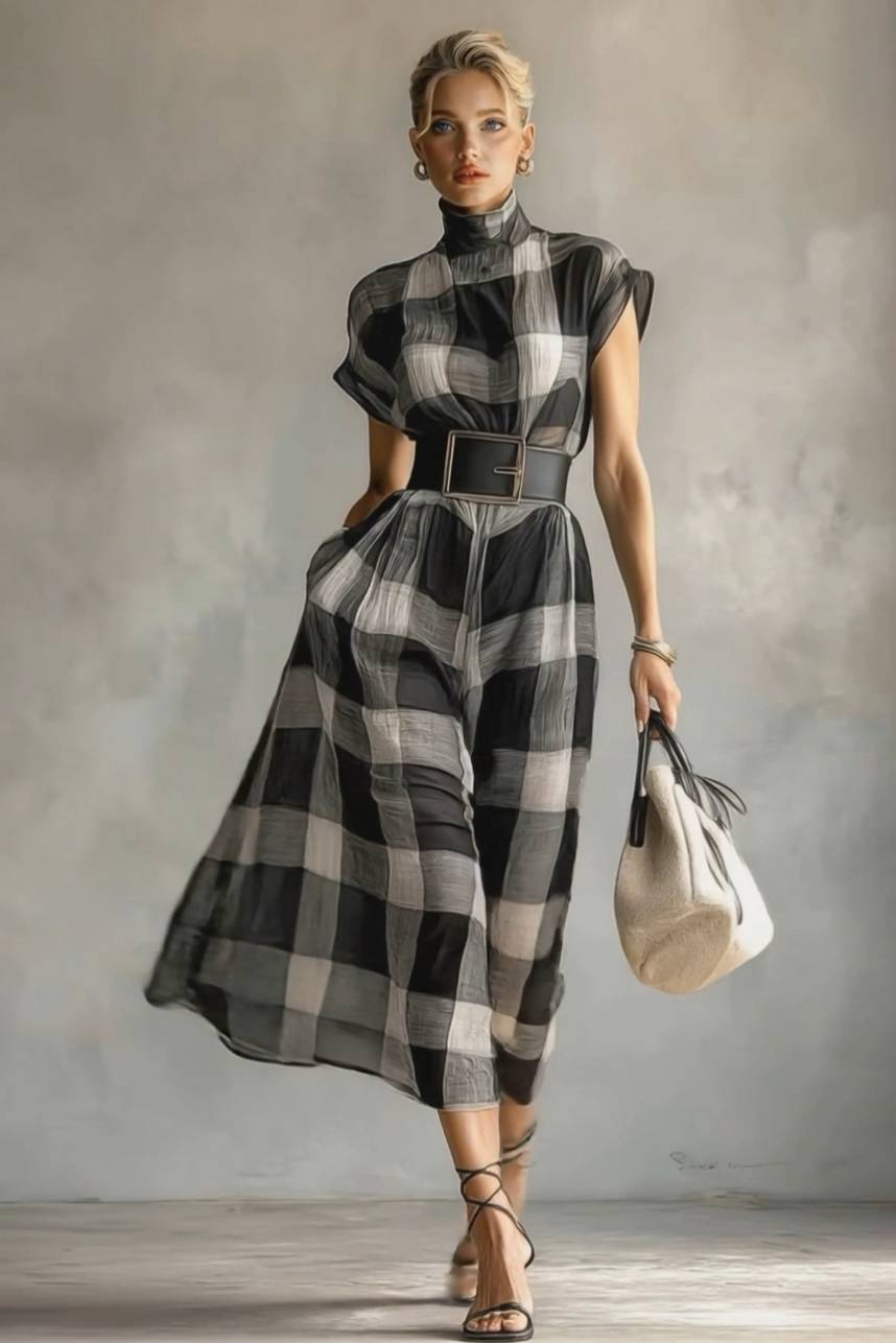 Checked Pattern Stand-Collar Short-Sleeved Dress
