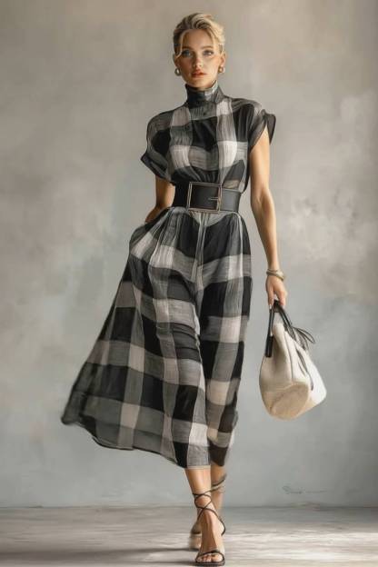 Checked Pattern Stand-Collar Short-Sleeved Dress