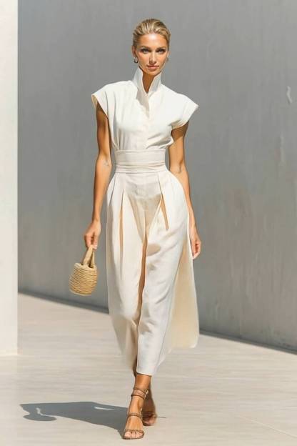 Stand-Collar High-waisted Midi Dress