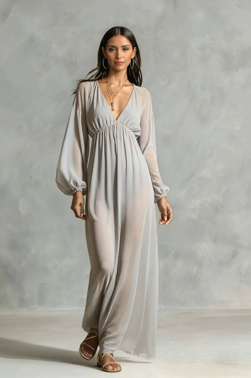 V-neck Long-sleeved Chiffon Maxi Dress