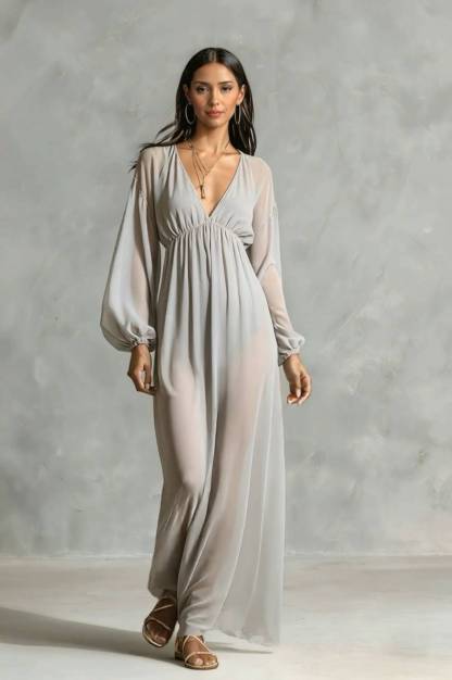 V-neck Long-sleeved Chiffon Maxi Dress