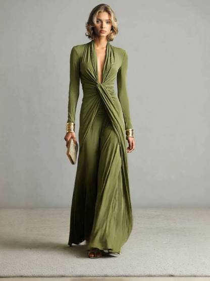V-Neck Pleated Long Sleeve Dress 