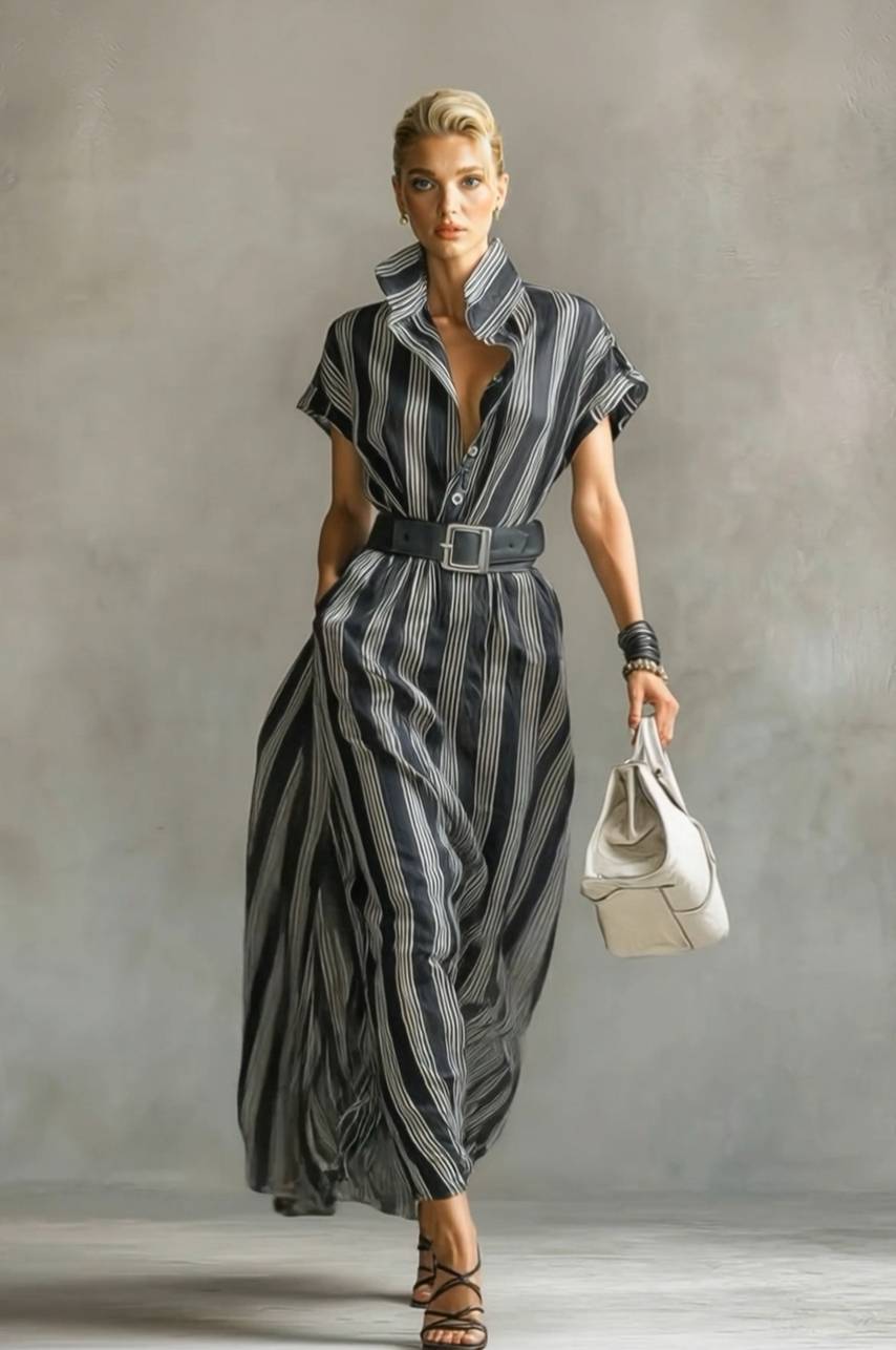 Striped Stand-Collar Blouse Dress