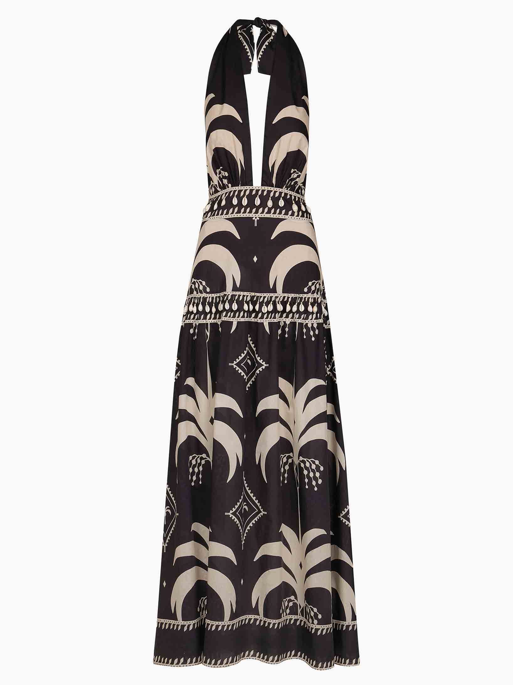 Retro Palm Leaf Print Halter Neck Maxi Dress