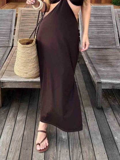 Halter-Neck Brown Bikini And Openwork Long Cover-Up Set