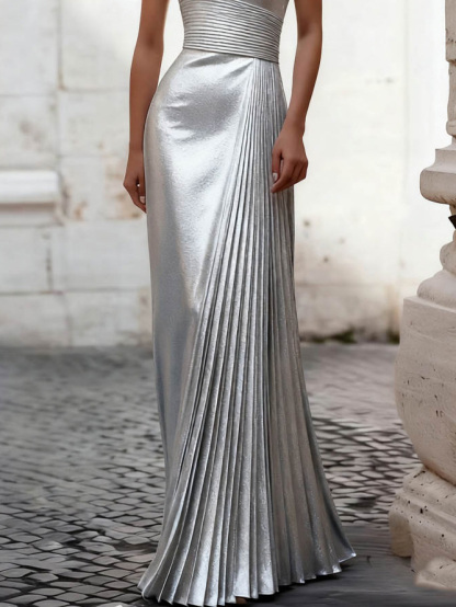 Elegant Silver Metallic Halter Neck Pleated Maxi Evening Dress