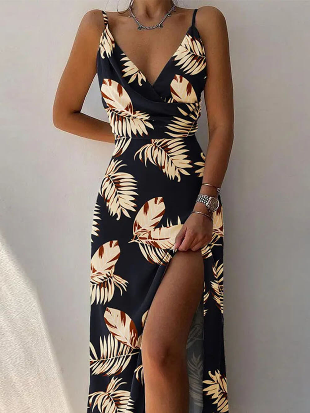 Elegant Floral Print Slit V Neck Printed Dresses Elegant Floral Print Slit V Neck Printed Dresses