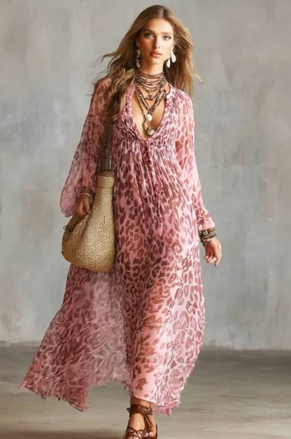Leopard-Printed Puff-Sleeve Maxi Dress