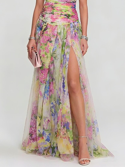 Elegant One-shoulder Watercolor Print Tulle Maxi Dress