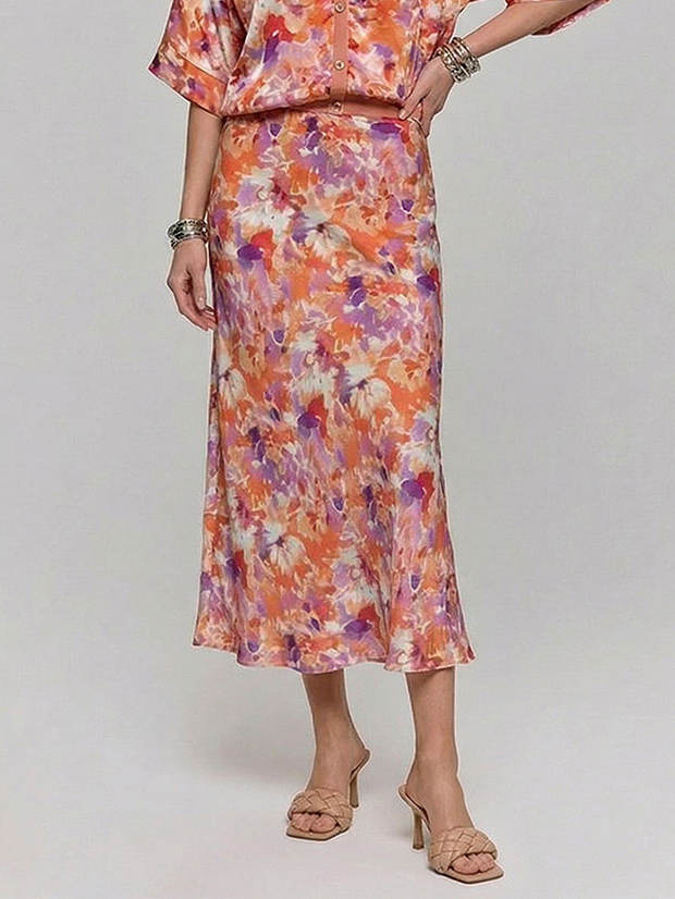 Exquisite Floral Print Satin High-Waisted Midi Skirt