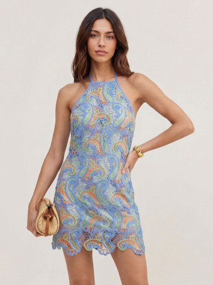 Exquisite Paisley Crocheted Halterneck Mini Dress