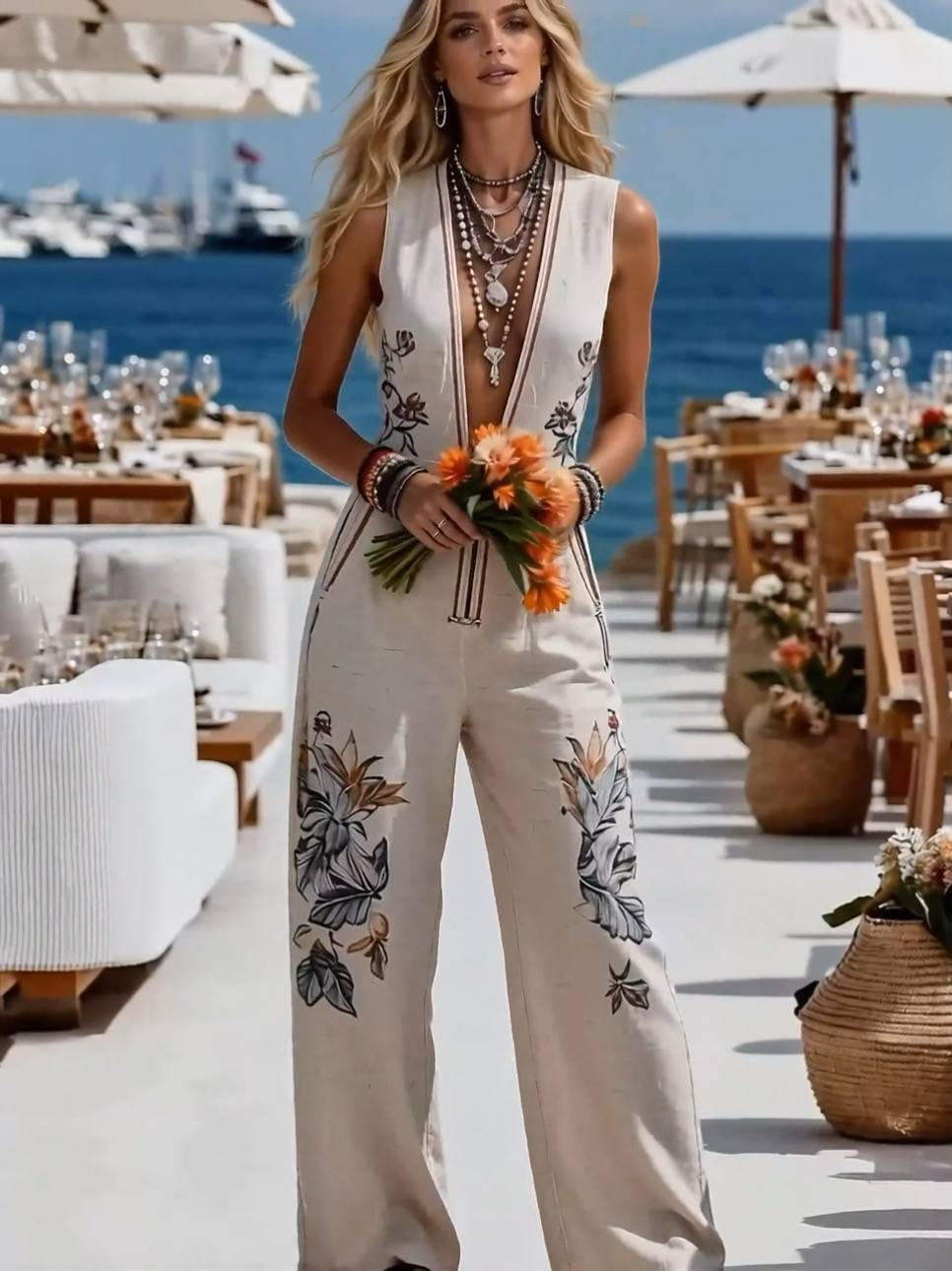 Deep V-Neck Printed Jumpsuit
