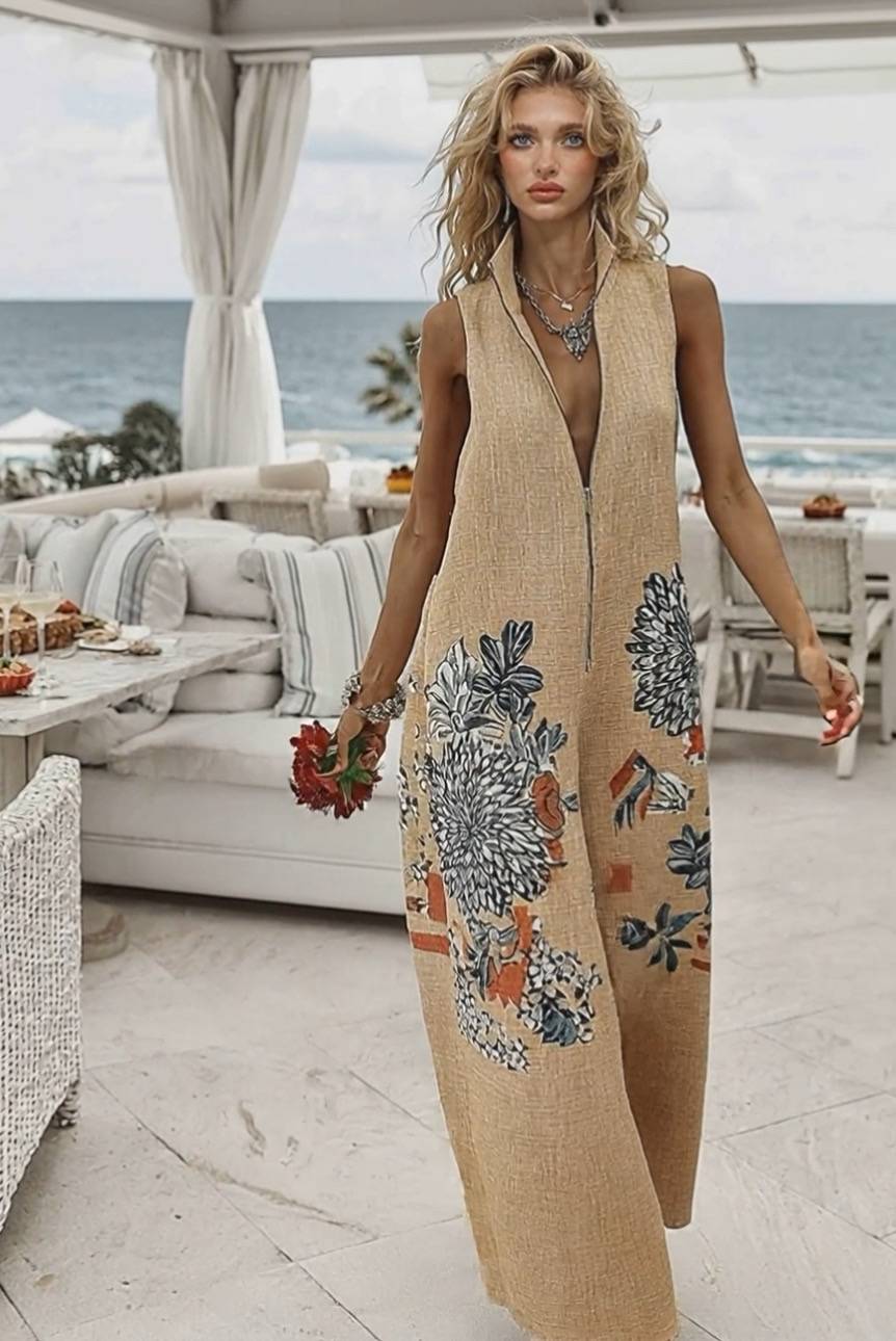 Stand Collar Printed Jumpsuit