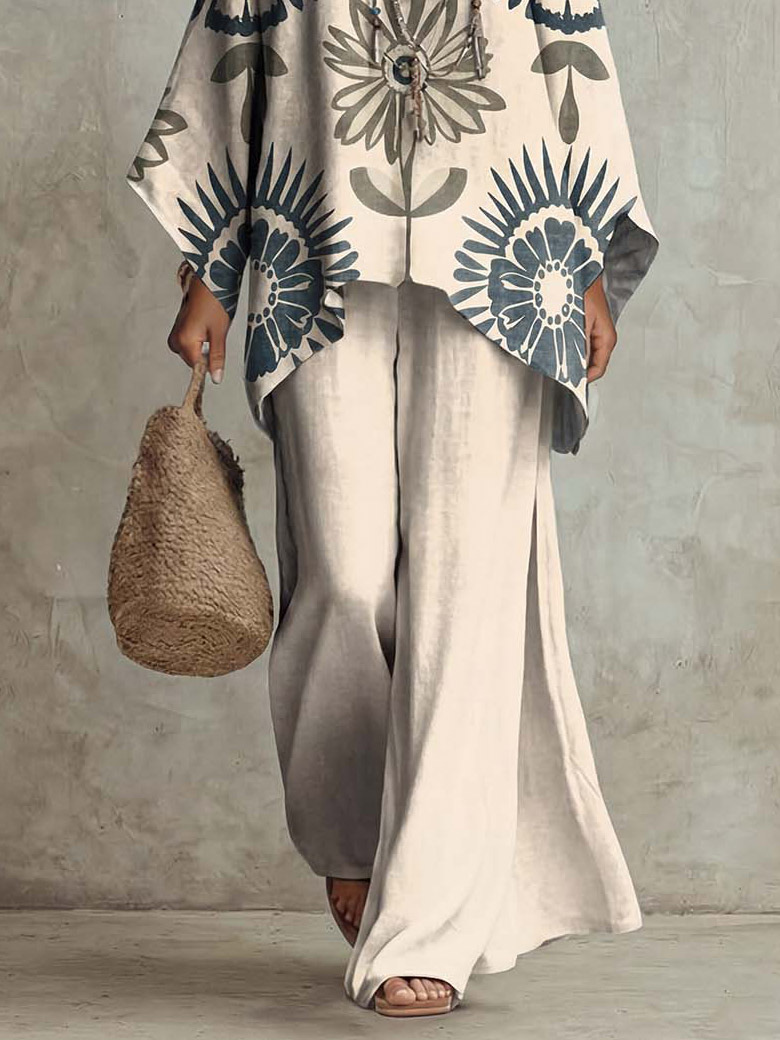 Retro Floral Print Batwing Sleeve Loose Two-Piece Set