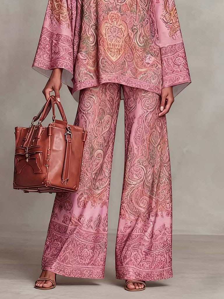 Elegant Satin Paisley Print Batwing Sleeve Two-Piece Set