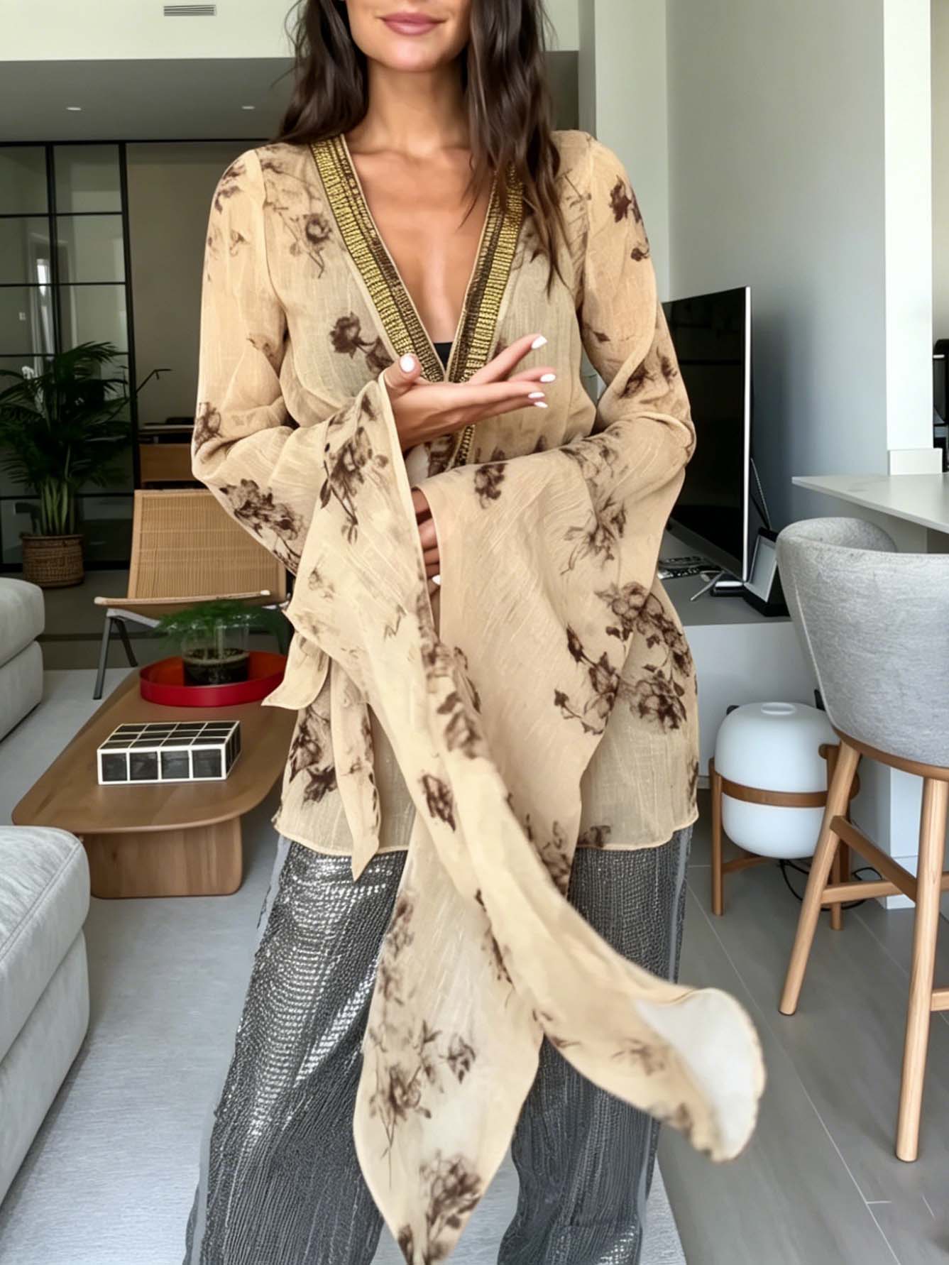 Casual Tie-Dye Chiffon Wrap Top & Metallic Harem Pants Two-Piece Set