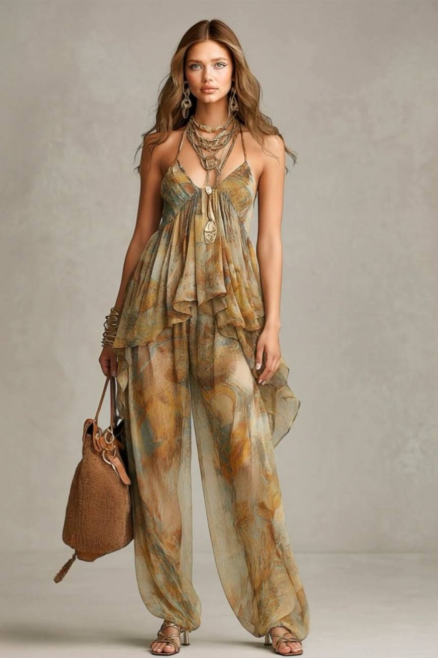 Printed Sling Top And Wide Leg Pants Set