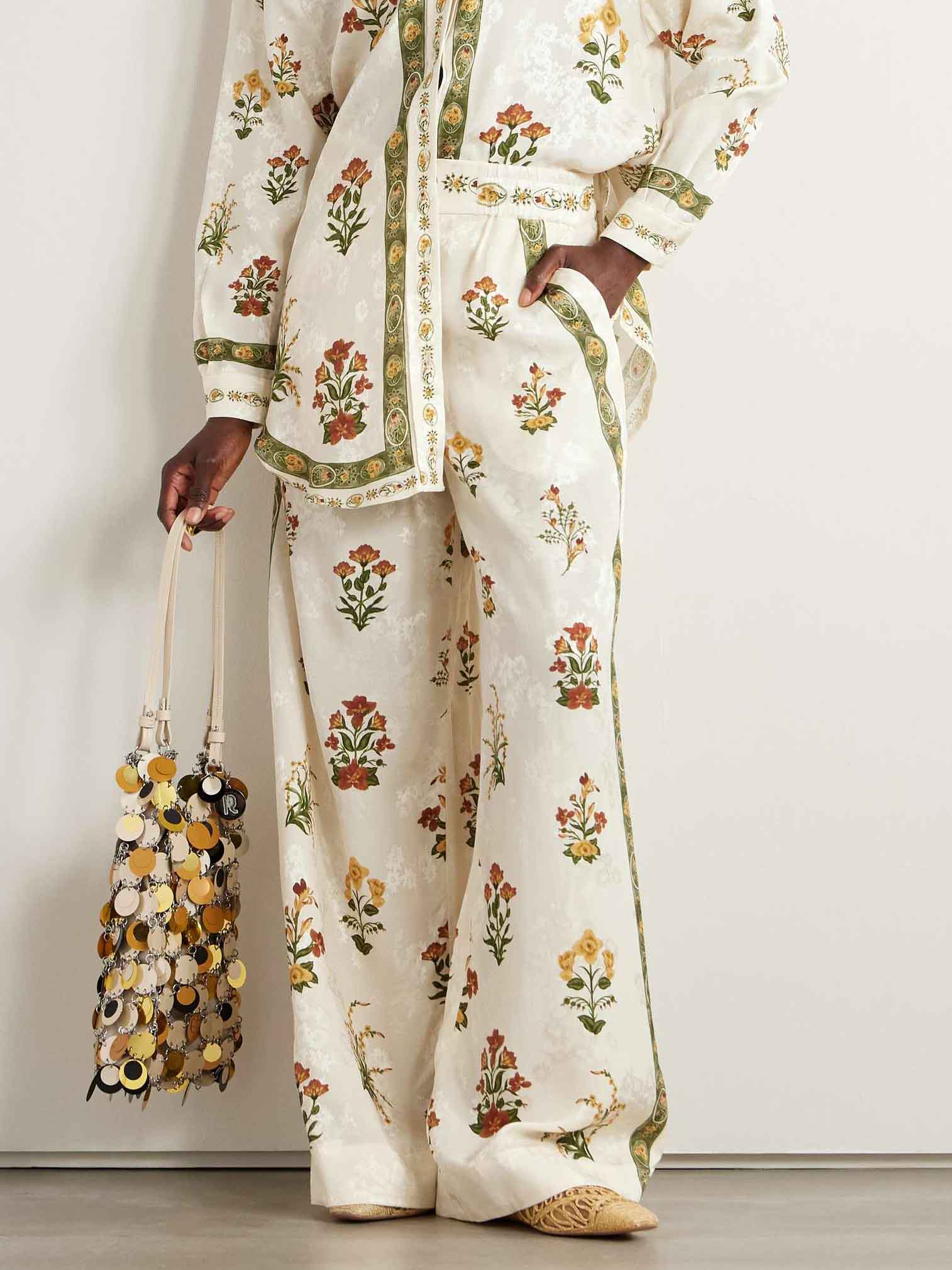 Unique Satin Jacquard Floral Print Wide-leg Pants
