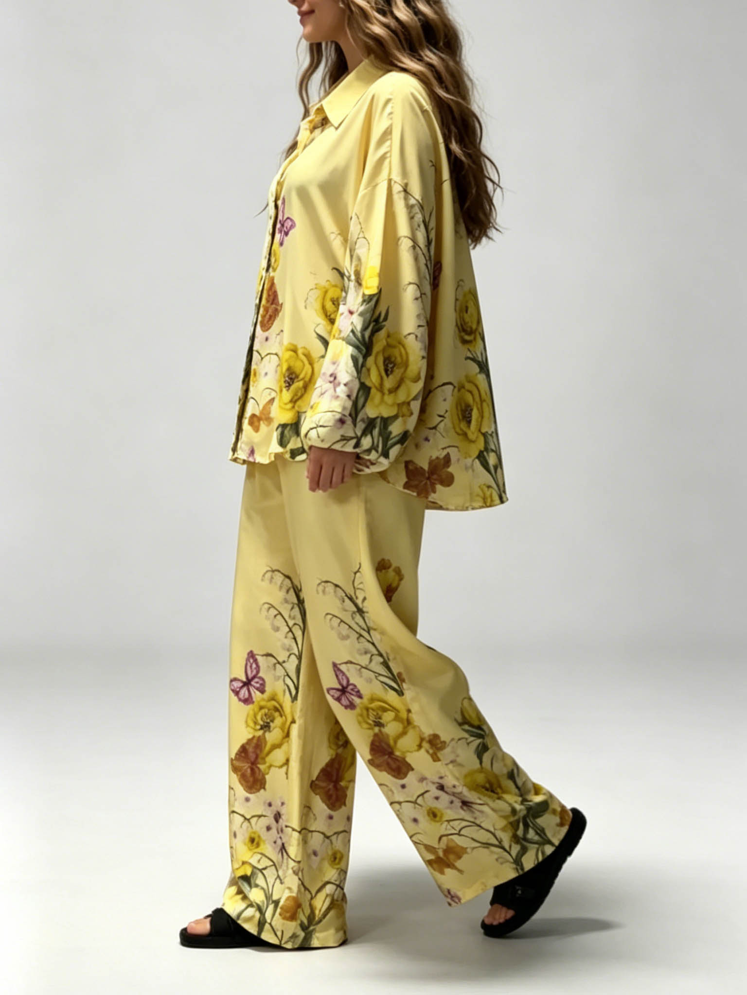 Exquisite Floral Butterfly Print Satin Wide-Leg Pants