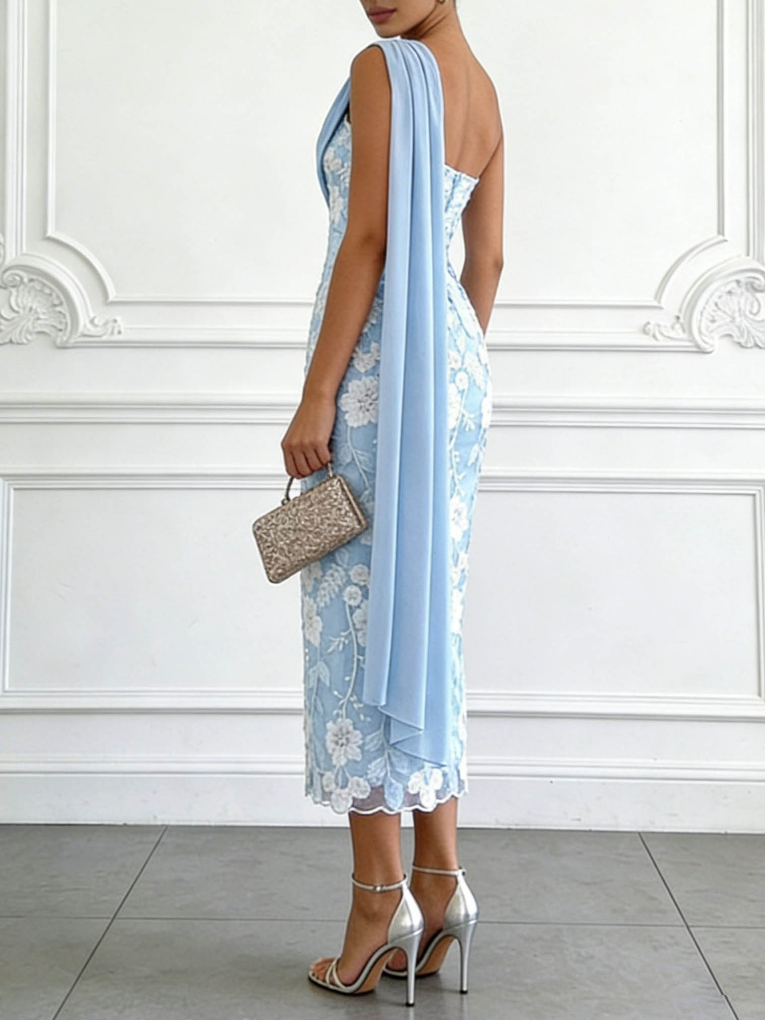 Elegant One-Shoulder Embroidered Lace Draped Midi Dress