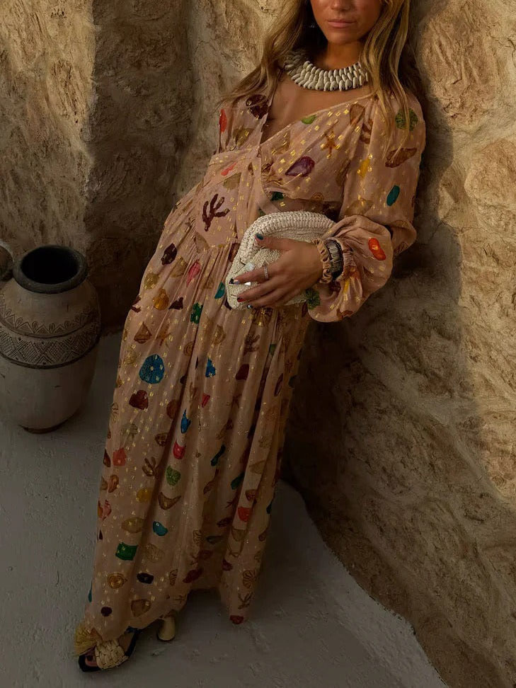 Exquisite Chiffon Shell Print Maxi Dress