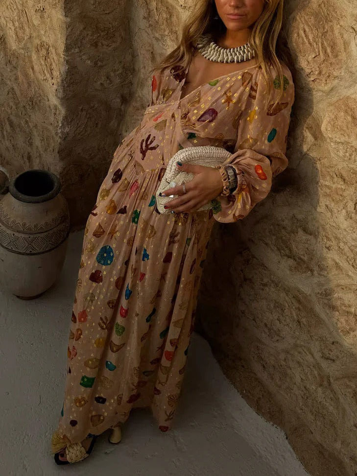 Exquisite Chiffon Shell Print Maxi Dress