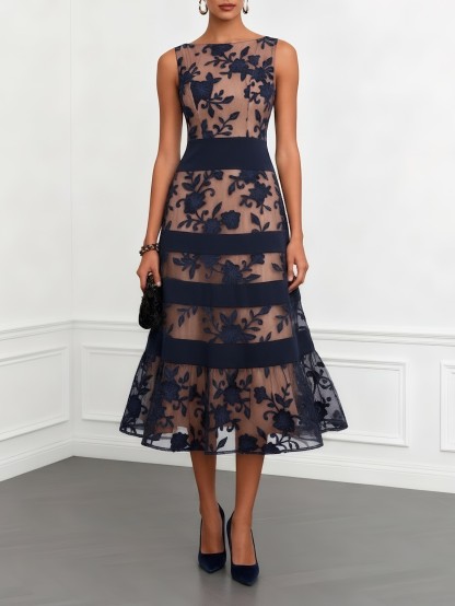 Elegant Flocked Floral Sheer Midi Dress