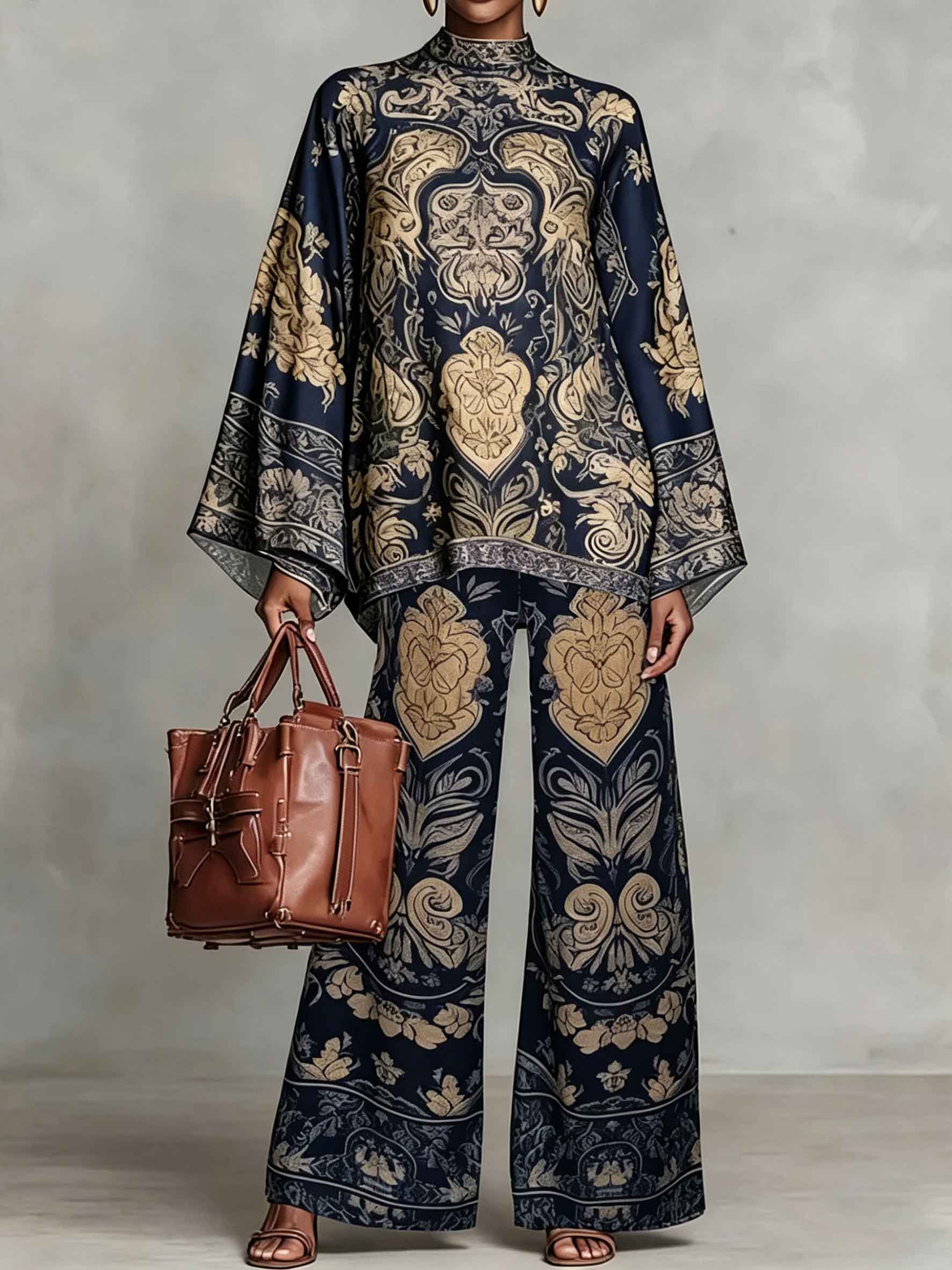 Retro Baroque Print High Neck Batwing Sleeve Two-Piece Set
