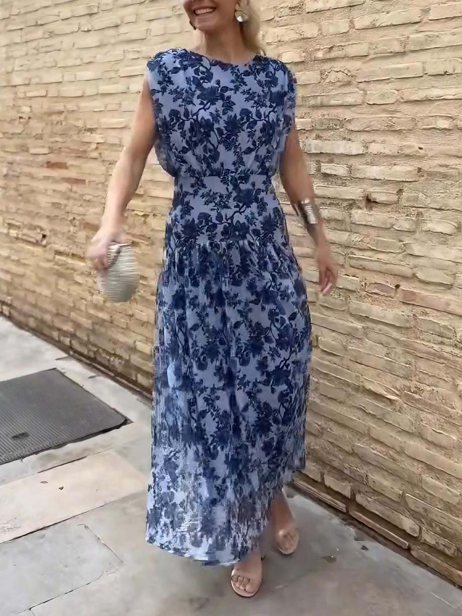 Elegant Floral Mesh Print Pleated Maxi Dress