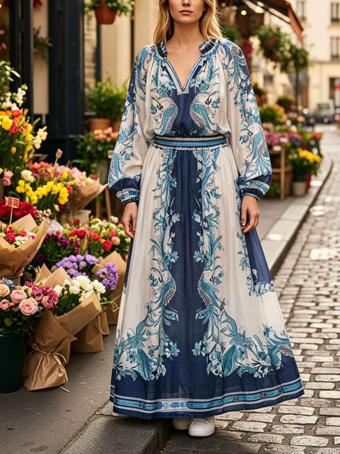 Elegant Retro Ethnic Print Two-Piece Dress