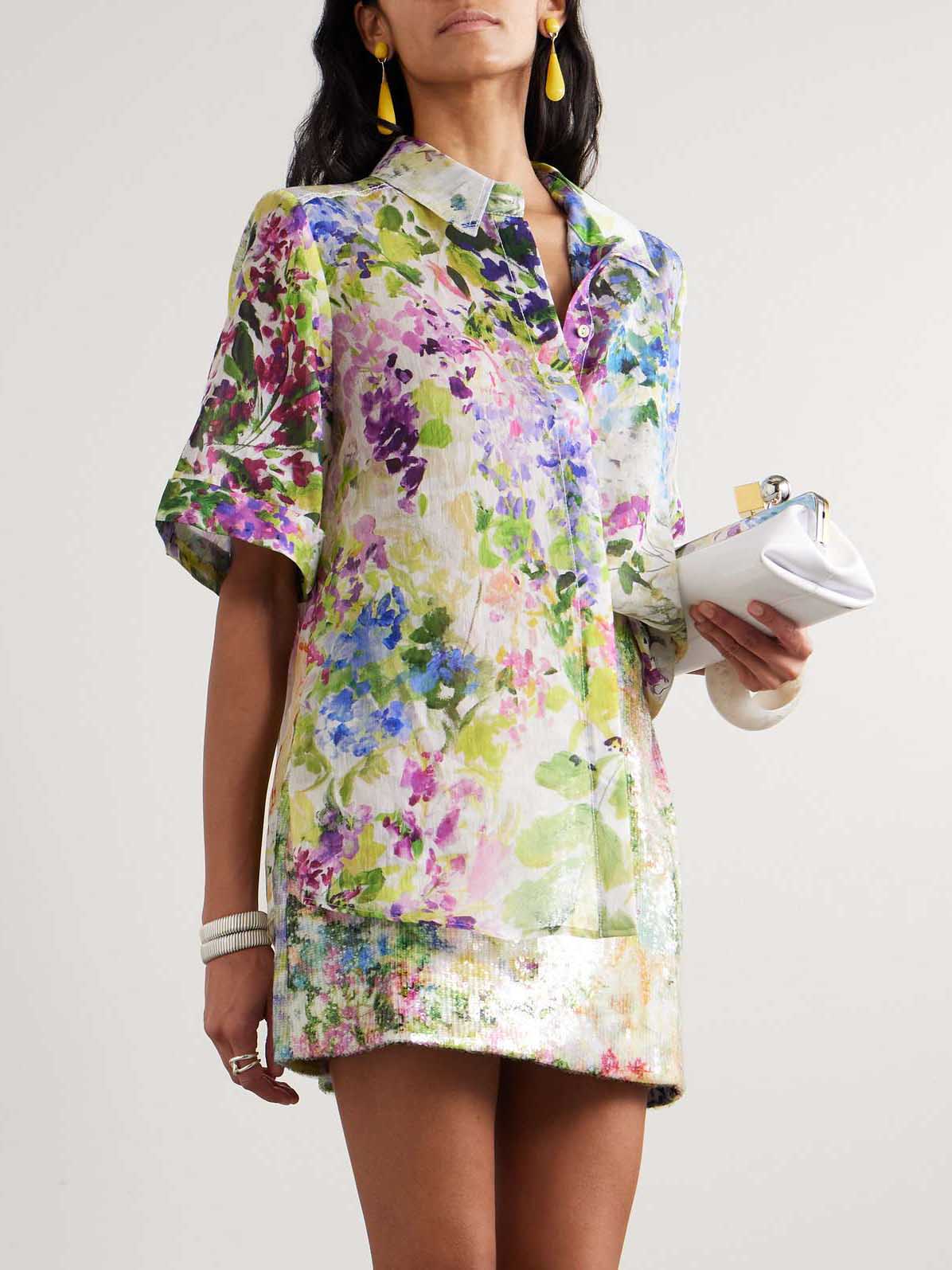 Elegant Floral Print Sequin Top & Skirt Two-Piece Set