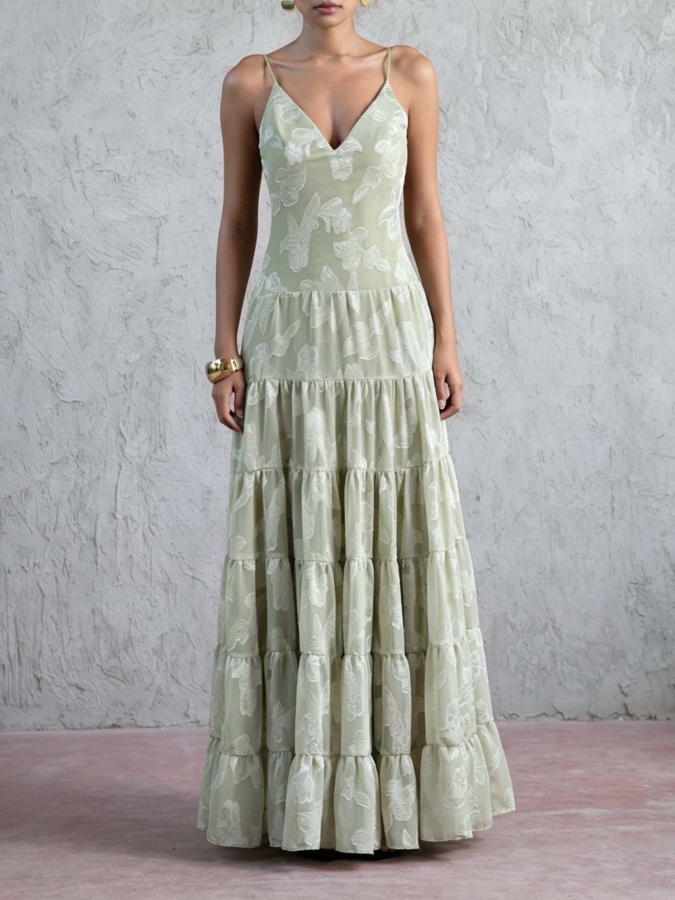 Elegant Floral Jacquard V-Neck Tiered Ruffle Maxi Dress