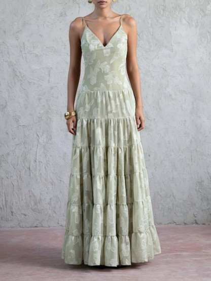 Elegant Floral Jacquard V-Neck Tiered Ruffle Maxi Dress