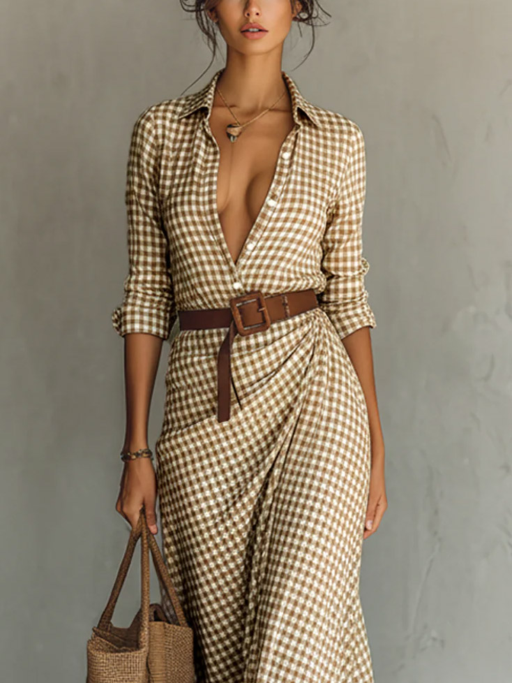 Classic Plaid Shirt Collar Maxi Dress