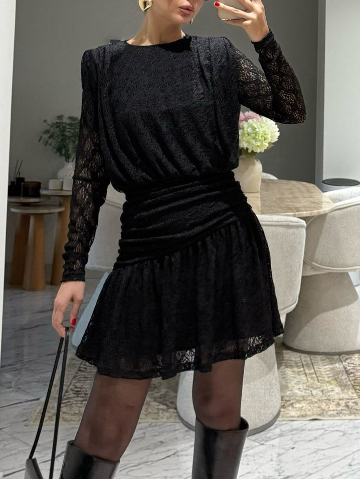 Elegant Long-sleeved Lace-textured Mini Dress