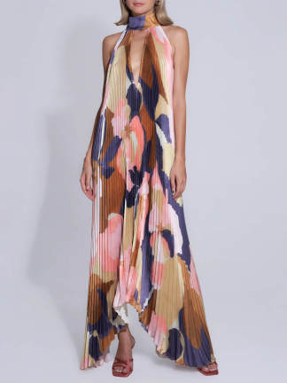 Vacation Print Halterneck Strappy Backless Dress