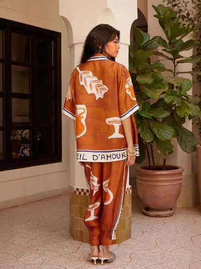 Unique Satin Art Pattern Printed Stand Collar Loose Button Shirt