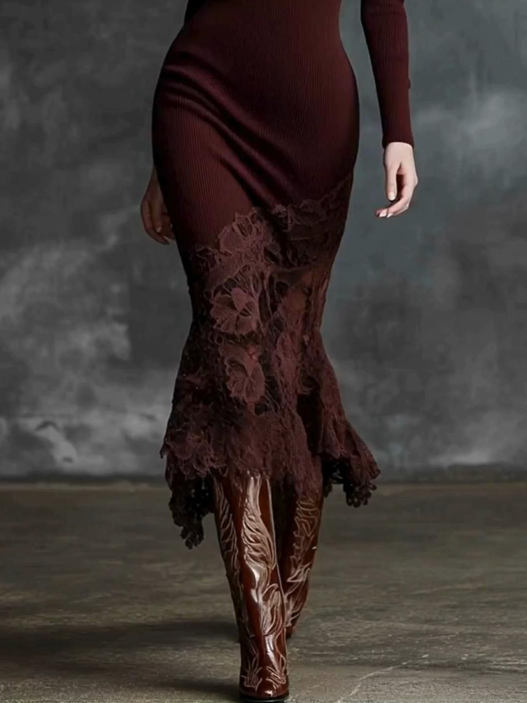 Elegant High-neck Lace-trimmed Knit Midi Dress