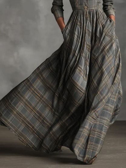 Retro Lapel Plaid Single-Breasted Maxi Dress