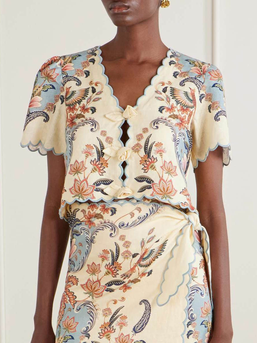Casual Floral Print Fan V-Neck Crop Top