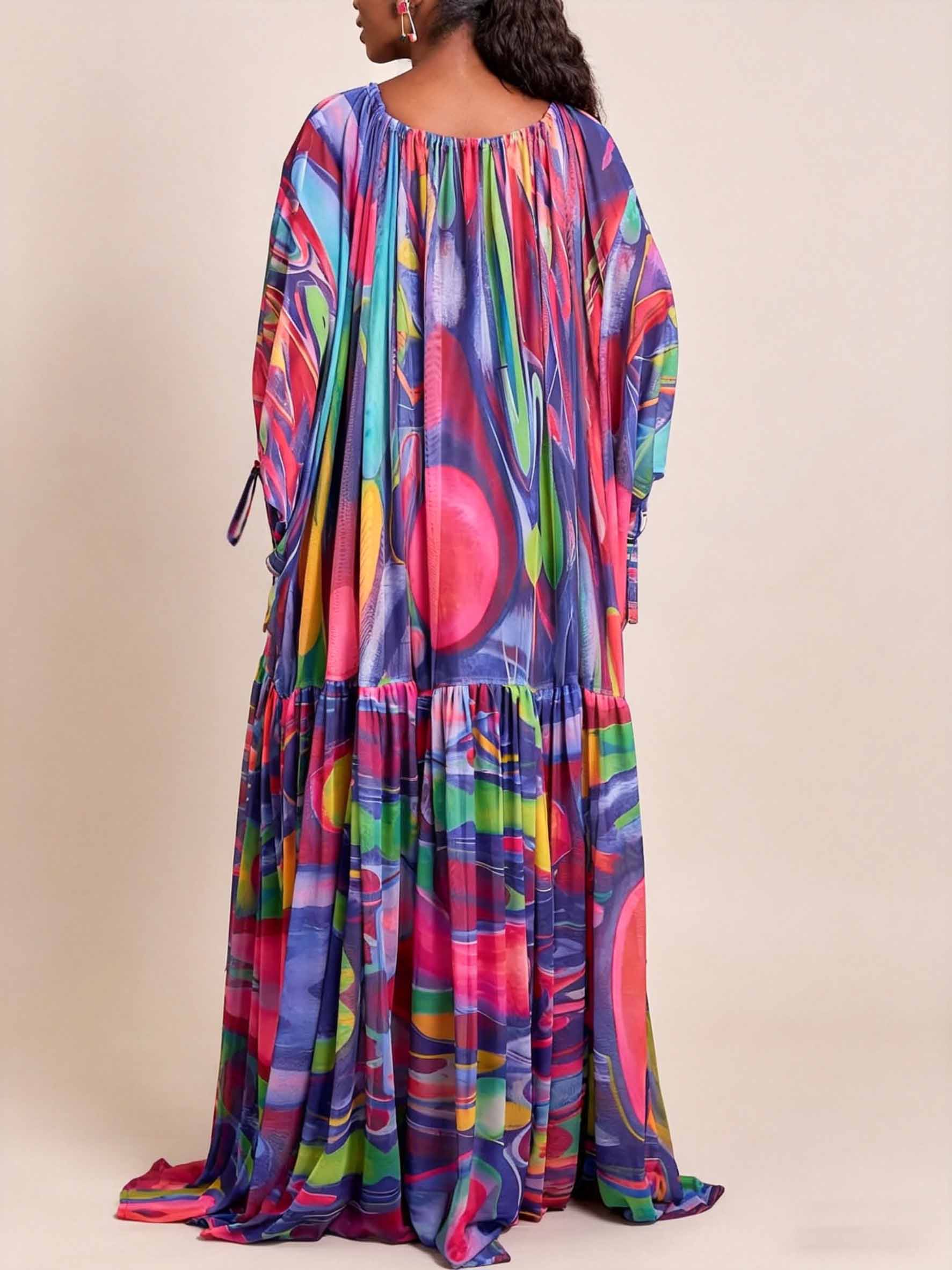 Exquisite Rainbow Abstract Print Chiffon Flowy Loose Maxi Dress