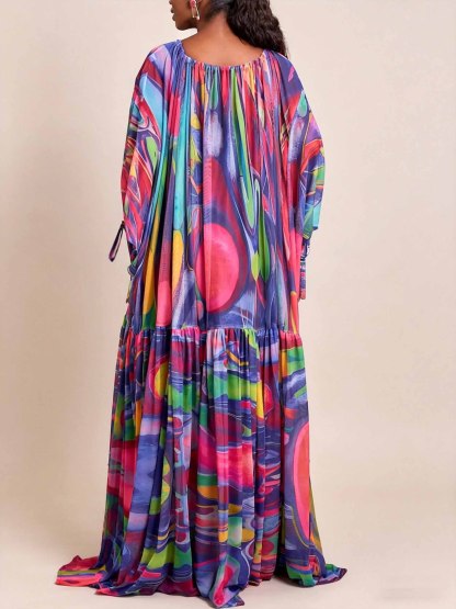 Exquisite Rainbow Abstract Print Chiffon Flowy Loose Maxi Dress