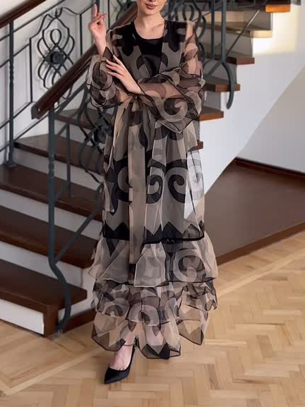 Elegant Abstract Spiral Pattern Organza Long Cardigan Two-piece Set