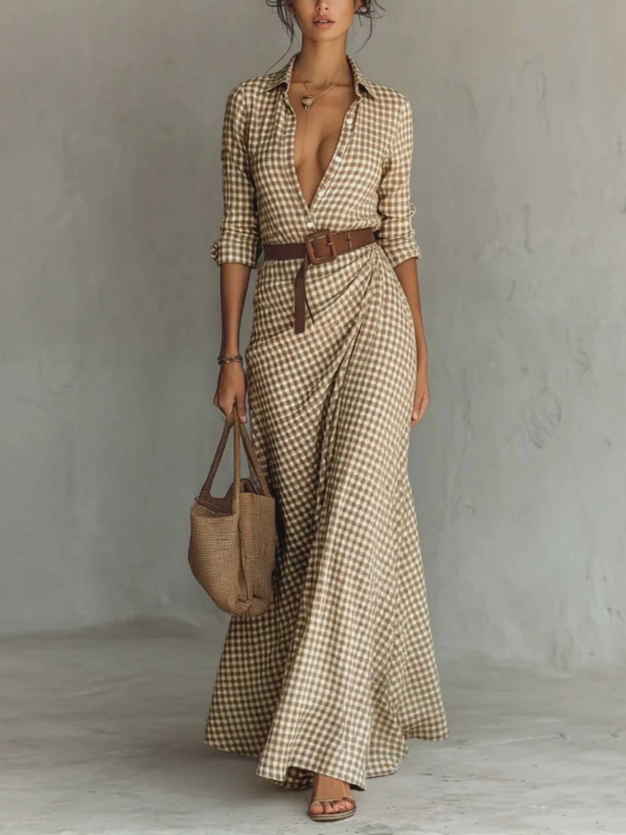 Classic Plaid Shirt Collar Maxi Dress